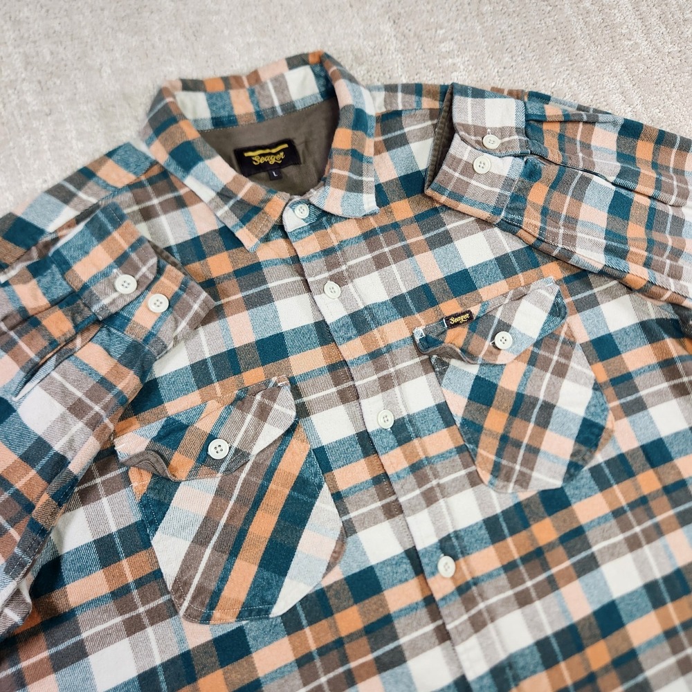 Seager Calico Flannel Shirt Mens Large Work Pocket Soft Peached Cotton Plaid